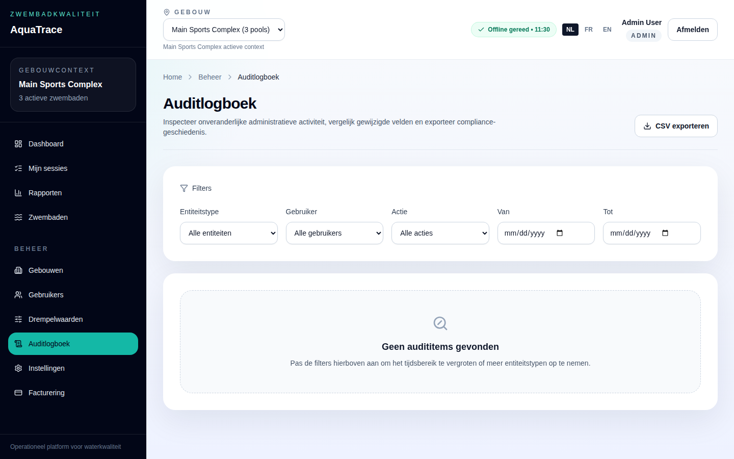 Het auditlogboek met wijzigingen, de gebruiker en het tijdstip.
