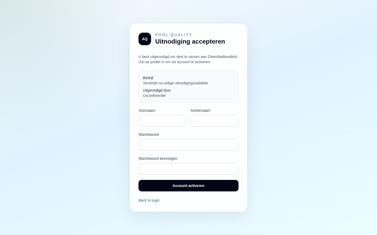 Het scherm om een uitnodiging te accepteren door naam en wachtwoord in te stellen.