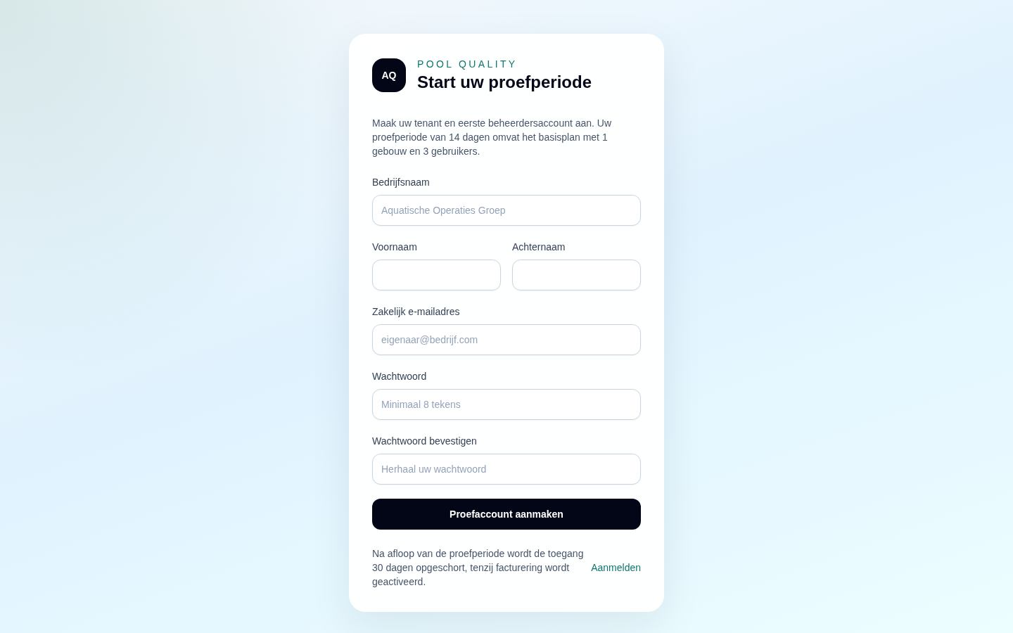 Het registratieformulier waar u bedrijfsnaam, naam, e-mailadres en wachtwoord invult.